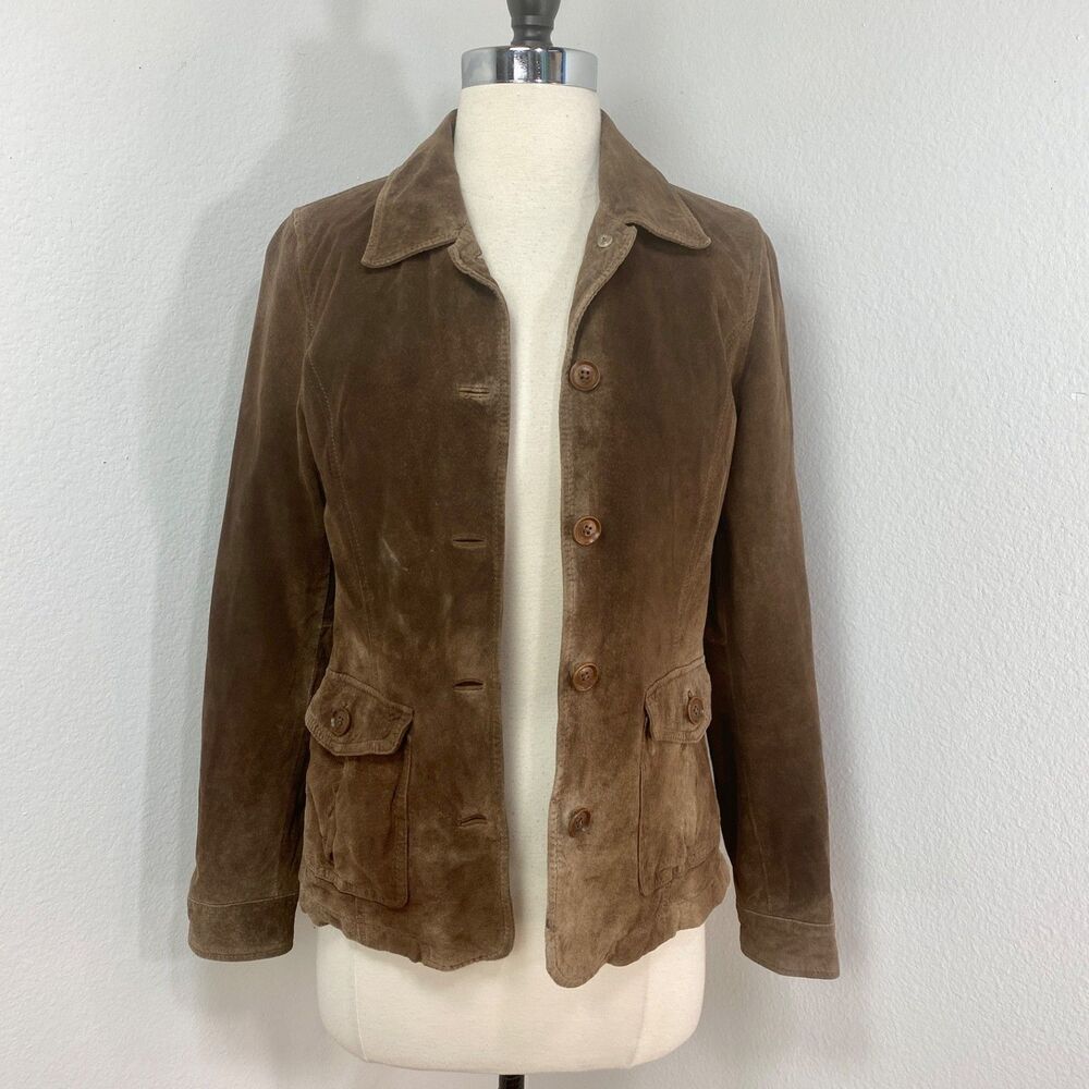 Vintage Eddie Bauer Seattle Suede Brown Jacket SM Washable Button Front Pocket - Picture 1 of 16